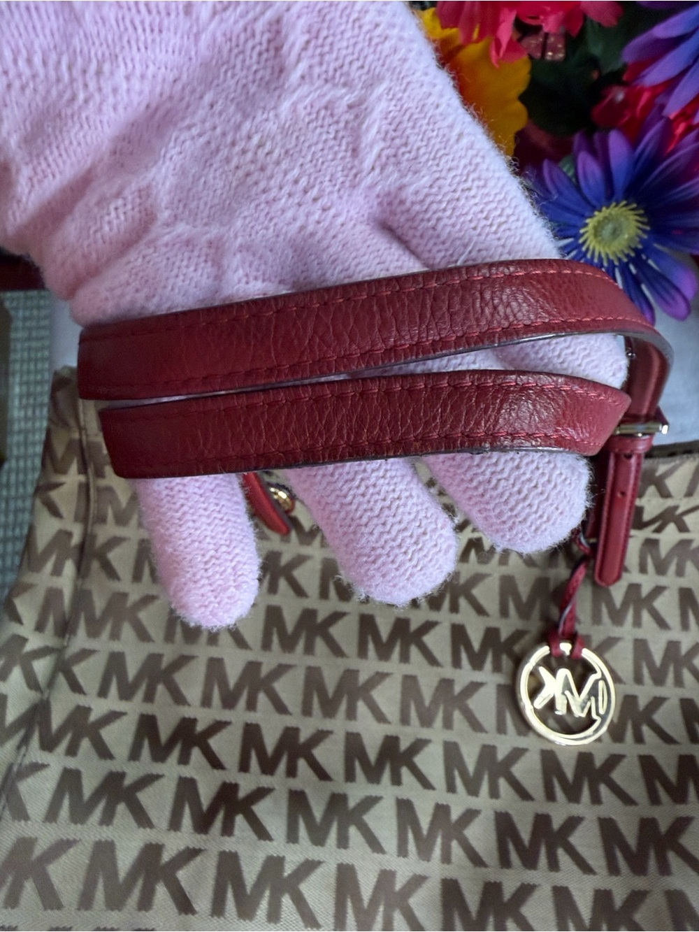Michael Kors Beige MK Monogram Tote with Pink Handles - Picture 4 of 4